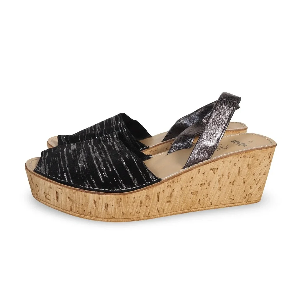 Senda Road Platform Cork Wedge Sandals Women's 9/40 Black Silver Slingback